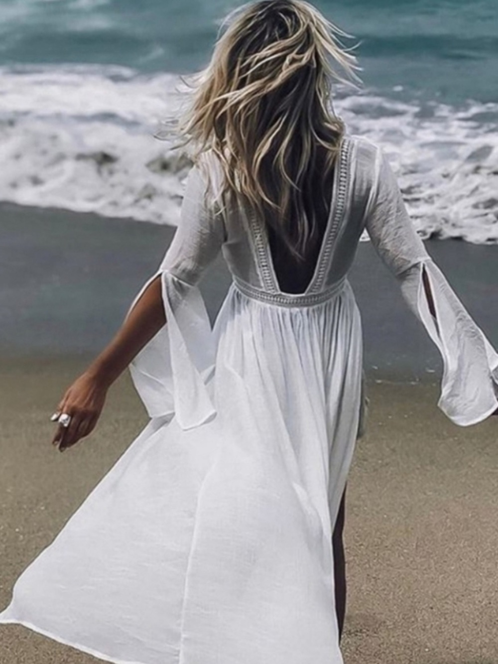 New Flowy Boho Lace Maxi Duster Kimono Cover Up Dress White | OS